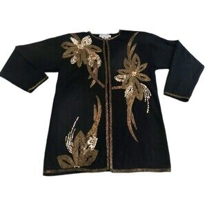 Nancy Johnson Black Wool Sequin Baroque Floral  Cardigan Sweater Tunic Size M